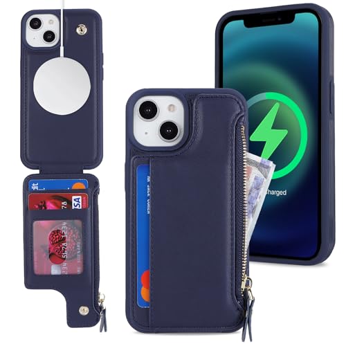 SailorTech iPhone 14 Case with Credit Card Holder magsafe, iPhone 14 Phone Leather Case Wallet for Women Compatible mag safe Card Slots Zipper Shockproof Case for Men - Blue