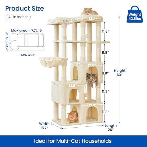Image of MWPO Large Cat Tree for Indoor Cats, 63-inch Cat Tower with 3 Cat Condos, Scratching Posts, Padded Perches, Hammock, Dangling Toys, Beige