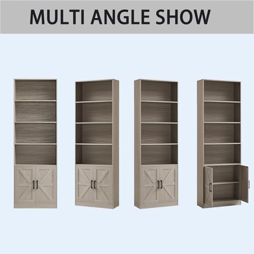 RWYHG 70in Tall Bookshelf 6 Tier Bookcase with Barn Doors and Adjustable Shelf, Oak Grey Farmhouse Book Shelves with Storage Cabinet, Wood Floor Standing Display Bookshelve for Bedroom, Living Room - Thumbnail 7