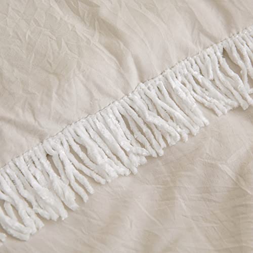 Move Over Cream Comforter Set King Size Comforter Set White Chenille Tassel Fringed Soft Washed Microfiber Boho Comforter Set 1 Comforter 2 Pillowcases (King, Beige Gray Tassel) #TOP3