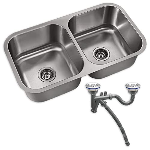 CNX MEER FAUCETS , Tarja Doble Para Submontar De 82 Cm X 47 Cm Color Gris (Oscuro), y una profundidad de 22 cm, incluye contra canasta y cespol con salida doble