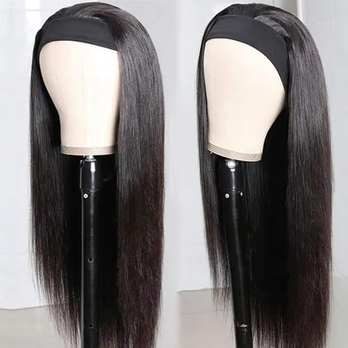 Image of Headband Wig Human Hair Straight Glueless None Lace Front Wig Machine Made Human Hair Wigs Brazilian Virgin Straight Hair Headband Half Wigs for Black Women Natural Color 16 Inch