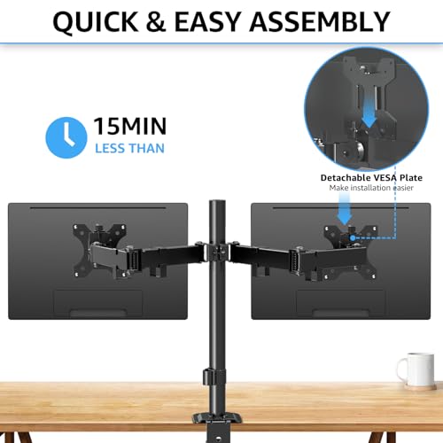 MOUNTUP Monitor Halterung 2 Monitore für 13-32 Zoll Flach & Curved Bildschirm, Dual Arm Monitorhalterung Höhenverstellbar Neigbar Schwenkbar Drehungbar, 8 kg pro Arm, VESA 75 /100mm, EU0002