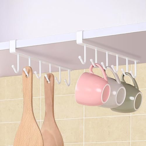 Didiseen Mug Rack Under Cabinet - Coffee Cup Holder, 6 Mug Hooks Under Shelf, Display Hanging Cups Drying Hook for Tea Mugs, Kitchen Towels, Utensils - 2 Pcs White - Image 6