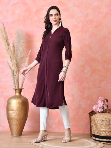 Image of nioni Women's Straight Solid Kurti with V-Fold Neck | Rayon Lycra Material | Fashionable Micro Pleates | 3 /4th Sleeve Kurta for Woman & Girls (S to 2XL)