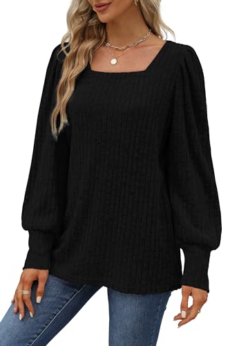 Image of WIHOLL Long Sleeve Shirts for Women Trendy Casual Square Neck Tops Lightweight Sweaters