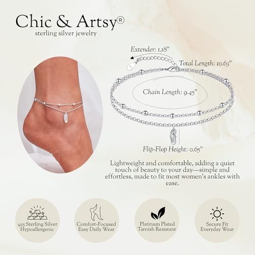 Image of CHIC & ARTSY 925 Sterling Silver Ankle Bracelets for Women, Adjustable Layered Foot Chains with Nature & Symbol Charms, Lightweight Comfort Fit Boho Beach Everyday Jewelry