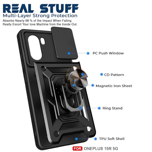 Image of Armor Bumper Back Cover Case for OnePlus 15R 5G Rotating Camera Cover, Ring Holder & Kickstand | Heavy Duty & 360 Degree Protection OnePlus 15R 5G Back Cover (Black)