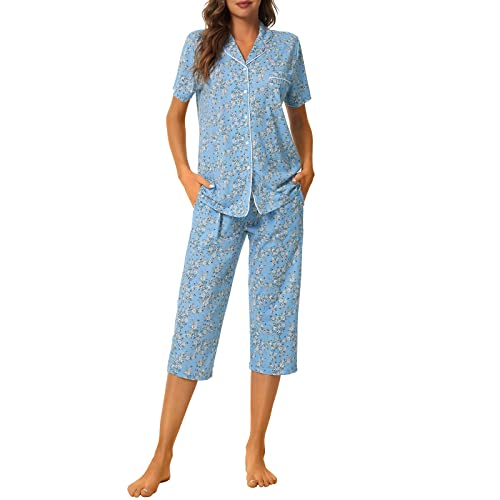 Image of Tugege Capri Pajamas Set Womens Button Down Short Sleeve Lounge Sets Sleepwear Notch Collar Top & Capri 2 Piece PJ Sets