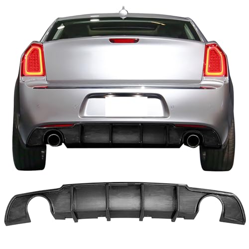 IKON MOTORSPORTS Rear Diffuser Compatible with 2015-2023 Chrysler 300, Shark Fin Style Carbon Fiber Print PP Lower Valance Bumper Lip