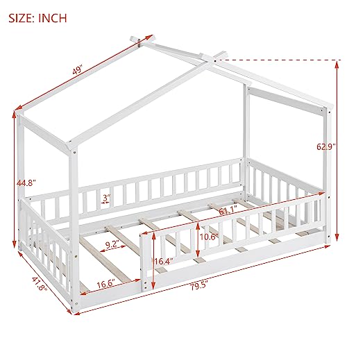 House Bed Twin Size Floor Bed With Fence Railings, Wooden Montessori Style Bed Frame For Kids, Fun Playhouse Beds For Girls Boys, White #TOP1