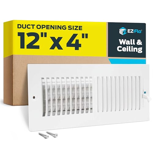 EZ-FLO 12 x 4 Inch (Duct Opening) Air Vent Cover for Wall or Ceiling Two-Way Ventilation Register Solid Steel HVAC Register Cover White 61611