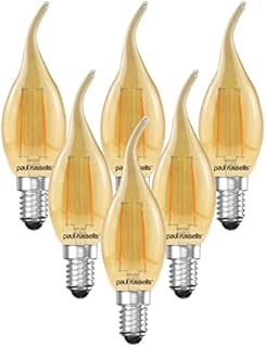 paul russells LED Filament Flame Candle Light Small Edison Screw E14, 20w Equivalent Replacement C35T Lamp 2.5W 200LM Lumens 2200K Amber Bulbs, Energy Saving Chandelier Bent-Tip Lightbulbs, Pack of 6