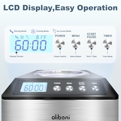 2.6 Qt Ice Cream Maker with Compressor, LCD Digital Display & Timer, No Pre-freezing, Countertop Gelato Makers, Automatic Ice Cream Machine for Homemade Use, Stainless Steel, 10-year-Warranty