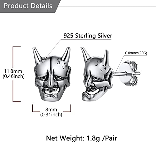 SILVERCUTE Hannya Mask Earrings 925 Silver Silver Enamel Black Japanese Horn Earrings Men Women Amulet Devil Stud Earrings