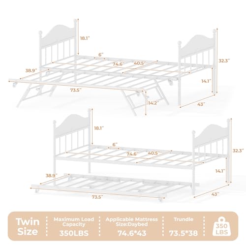 Image of Garvee Twin Daybed with Trundle, Twin Bed Frame with with Stylish Headboard, Heavy Duty Steel Slats Platform for Living Room, Bedroom, White