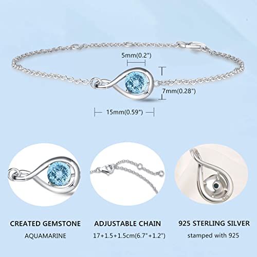 Fancime March Aquamarine Birthstone Bracelet For Women 925 Sterling Silver Infinity Bracelet Blue Gemstone Fine Jewelry Birthday Anniversary Graduation Gifts For Her Mom Girls, Length 6.7"+1.2" #TOP5