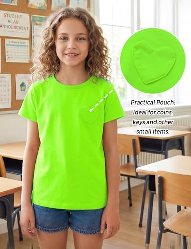 Image of Noomelfish Girls Short Sleeve Heart Pocket T-Shirts Casual Cotton Tee Tops Blouse (5-12 Years)