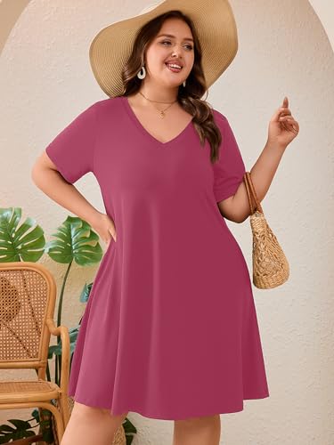 Image of AusLook Plus Size Midi Dress for Women Loose V Neck Short Sleeve Summer Casual A Line T Shirt Sundresses with Pockets 1X-5X