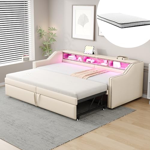 Arhatreya Sofá cama 90/180 x 200 cm, cama tapizada con compartimento de almacenamiento, sofá cama con cama nido, cama de invitados con luz LED y conector USB, cama con colchón para habitación de