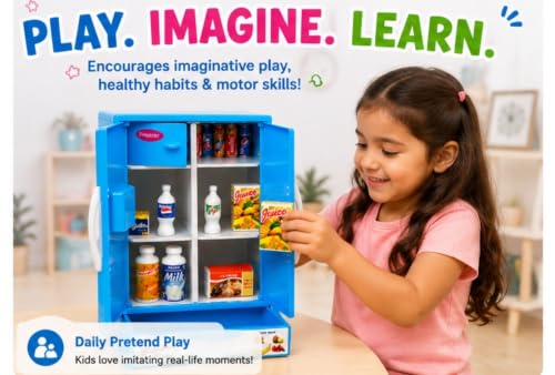 Image of Toy Refrigerator for Kids with Pretend Food Accessories, Mini Fridge Toy with Opening Doors, Freezer Compartment & Storage Drawer, Kitchen Role Play Learning Toy for Boys & Girls Age 3+ Years