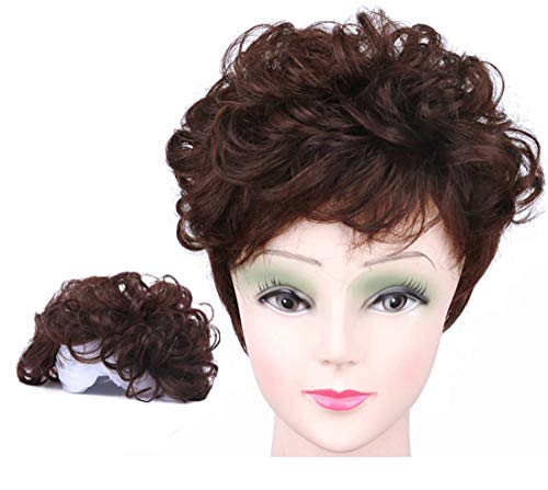 Susanki 6 inches Short Wavy Curl Human Hair Wiglet Toppers Clip in Toupee Hairpieces for Women (Dark Brown)