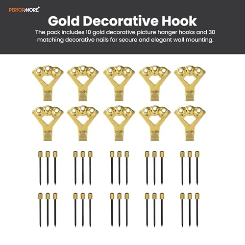 Image of Performore 10 Pack Heavy Duty Decorative Picture Hangers with Nails - Supports up to 100lbs, Gold Wall Hooks with 3 Holes & 30 Nails for Hanging Mirrors, Clocks, Frames, Art, Home Decor