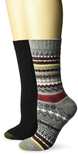 Gold Toe Women's Fairisle Ribbed Crew Socks, 2 Pairs, grey heather/black, Shoe Size: 6-9