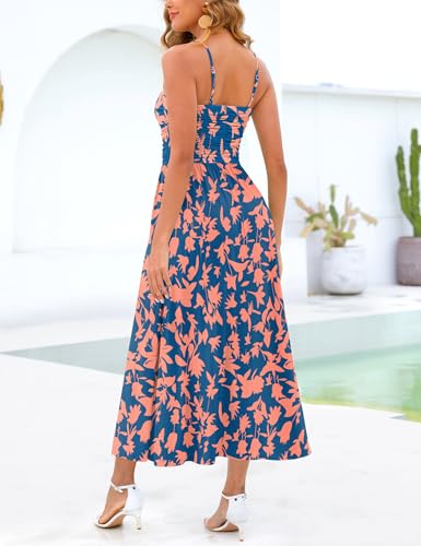 Image of Annebouti Women 2026 Summer Spring Ruched Maxi Dress Adjustable Spaghetti Strap Floral Beach Long Sundress with Pockets