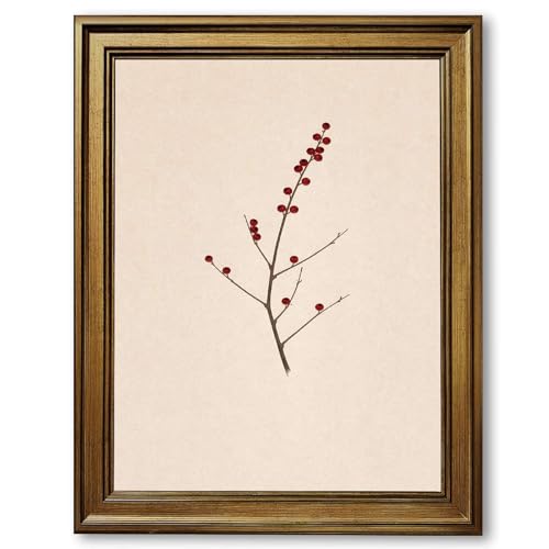 Framed minimalistic red berry branch Canvas Print Art, Contemporary Wall
