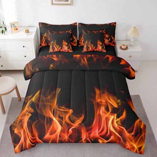 7 Pieces Red Flame Comforter Set Full Size,Cool Burning Flames for Kids Boys Men Teens Modern Fashion Bedding Set Soft Black 1 Comforter,1 Fitted Sheet,1 Flat Sheet,2 Pillowcase,2 Throw Pillow