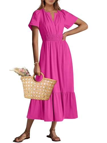 ANRABESS Women's Summer Short Sleeve Maxi Dress 2026 Casual V Neck High Waist A-Line Flowy Loose Tiered Boho Long Dresses Red Small