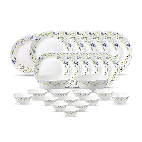 La Opala Diva, Classique Collection, Opal Glass Dinner Set 27 pcs, Morning Glory, White, Standard