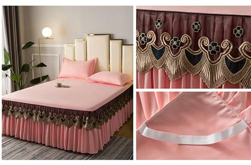 Jupe de lit 180x220cm drap housse coton rose clair lavable avec dentelle