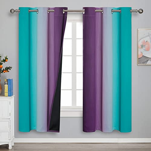 Estelar Textiler Ombre Teal and Purple Blackout Curtains 72 Inch Length 2 panels, Grommet Thermal Insulated Gradient Drapes for Kids Room, Full Light Blocking Blackout Curtains for Bedroom, 42x72 Inch