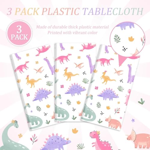 Image of 3pcs Pink Dinosaur Birthday Tablecloths 108x54inch Watercolor Dinosaur Birthday Decorations for Girls Dino Birthday Party Disposable Table Covers