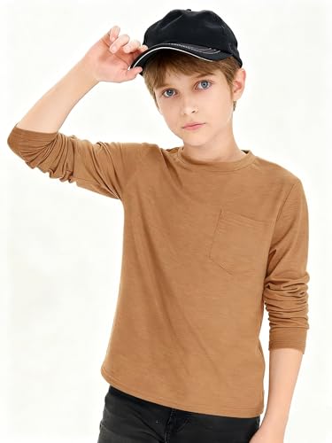 Image of Boys Long Sleeve Shirt Crewneck Solid Color Casual Top with Chest Pocket for Kids 5-14 Years