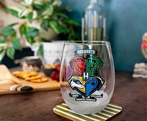 Harry Potter Hogwarts Animal Crests 20-Ounce Teardrop Stemless Wine Glass With Dipped Bottom | Tumbler Cup For Mimosas, Cocktails | Home Barware For Liquor, Kitchen Decor, Wizarding World Gifts #TOP1