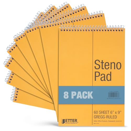 Better Office Products Spiral Steno Pads, 8 Pack, 6 x 9 inches, 60 Sheets, White Paper, Gregg Rule, Natural Board Cover, 8 Steno Notebooks