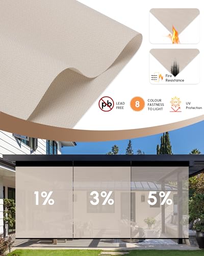Image of Kincmo Motorized Outdoor Shades for Patio Porch, Custom Outdoor Motorized Blinds with Remote, Waterproof & Windproof Patio Shades Work with Apple Home,Alexa,Google (Beige-5% Openness)