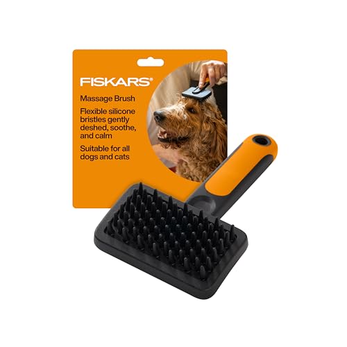 Fiskars Pet Massage Brush, Cat and Dog Brush, Flexible Silicone Bristles & SoftGrip Handle for Gentle Grooming and Deshedding, Cat and Dog Supplies, 6.5”, Orange/Black