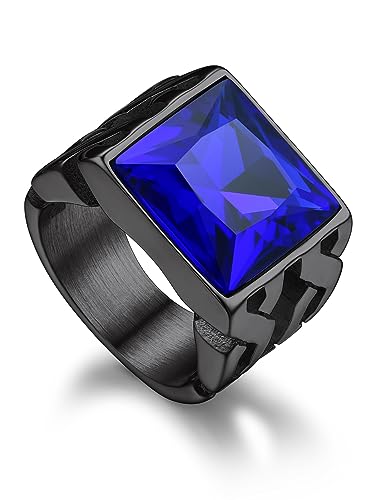 Bandmax Bague Homme Saphir Bleu de Synthèse Taille 69, Bague Anneau Celtique Noir en Acier