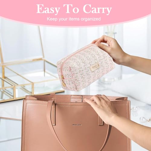 Image of MAYCREATE Makeup Organizer Bag, Floral Prints Cosmetic Makeup Pouch Bag, Large Capacity Travel Toiletry Pouch for Women, Portable Soft Zipper Cloth Storage Bag - Pink, 20.5x9x9.5cm | Travel Toiletry Pouch for Women, Portable Soft Cloth Storage Bag, Pink, 20.5x9x9.5cm