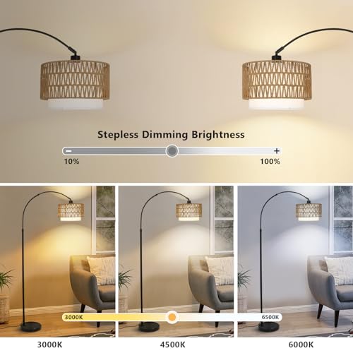 Image of eyassi Arc Floor Lamp with Remote, Modern LED Floor Lamp with Dimmable Bulb, Boho Farmhouse Standing lamp with Fabric & Rattan Lampshades, Height Adjustable Black Tall Lamp for Living Room Bedroom