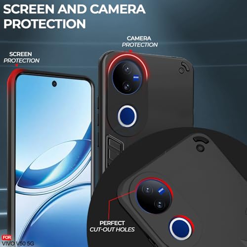 Image of AESTMO Vivo V50 5G / V50e 5G / Vivo T4R / iQOO Z10R 5G Back Case Cover | Tough Armor Bumper | Ring Holder & Kickstand in-Built | 360 Degree Protection Cover (Black)