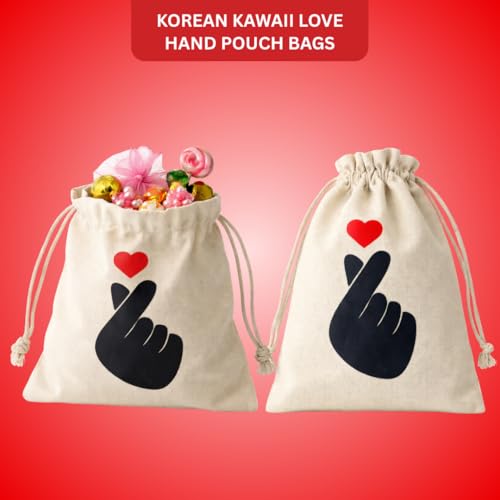 Image of Korean Kawaii Love Sign Potli Bags - Set of 10 Cotton Drawstring Gift Pouches for Return Gifts, Wedding Favors, Party Giveaways, Jewelry Packaging, Festive Gift Packing Bags