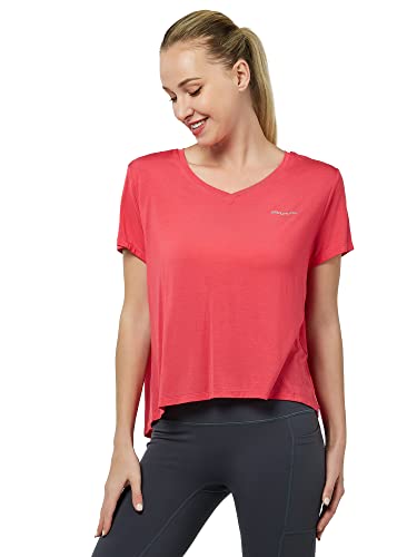 Gramval Tie Back Womens T Shirts, Short Sleeves V Neck Open Back Tee Tops Athletic Workout Gym Yoga Sweatshirts Raspberry M #TOP1