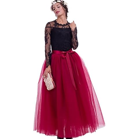 FOLOBE Women's 1950 Vintage Puffy Tutu Skirts Maxi Tulle Bridesmaid 7 Layers Petticoat Slip Burgundy Cover