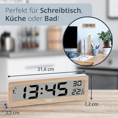 ADE Digitale Funkuhr Wohnzimmer mit Temperaturanzeige | sehr große Ziffern | gut ablesbares Display | Rahmen aus echtem Bambus