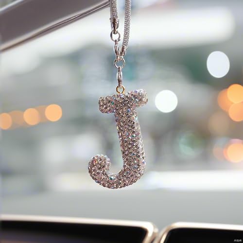 Bling Rhinestone Letter Charm for Car Rearview Mirror - Diamond Auto Hanging Ornament Decor Accessories for Women (White J)